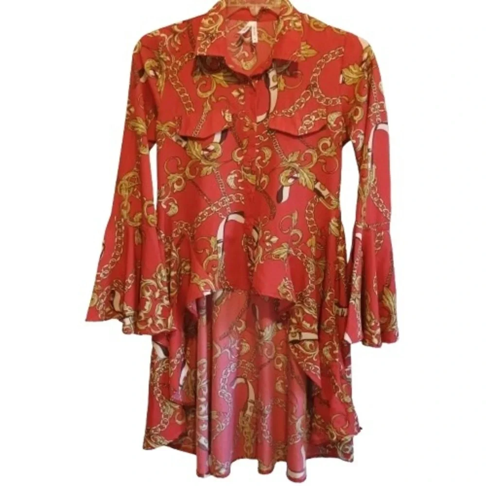 Truth Small VERSACE Inspired Chain Print Hi‎ Low Shirt Dress Tunic Red Gold S - Picture 3 of 15